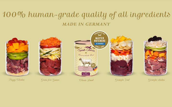 肉や野菜などの原材料とドッグフード製品のイメージ
